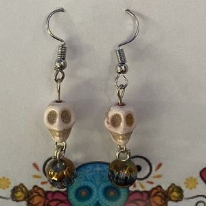 Handmade White Skull Earrings with bead dangle